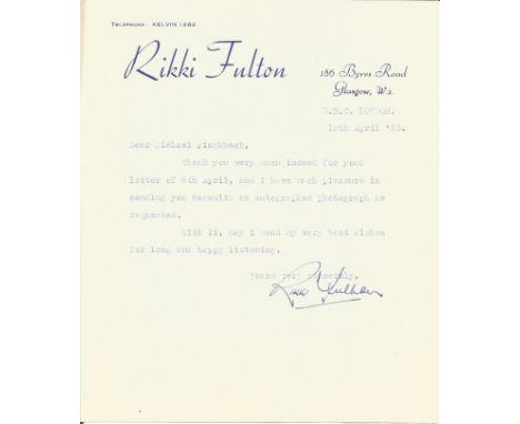 TV Rikki Fulton typed signed letter replying to an autograph request on his own letterhead 1953. Robert Kerr Rikki Fulton, OB