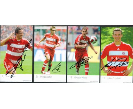 Bayern Munich Collection of 4 Signed Colour Promo Cards. Signatures include Lukas Podolski, Miroslav Klose, Phillip Lahm and 