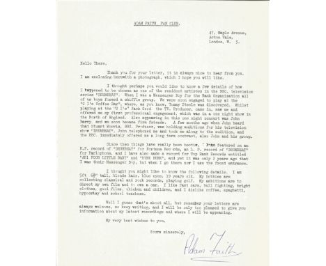 Music Adam Faith typed signed Fan Club letter with good content about his career. Terence Nelhams Wright (23 June 1940 – 8 Ma