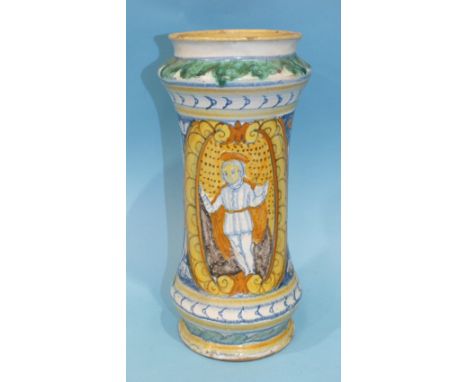 A 17th century Italian Albarello of waisted form painted with a saintly figure and foliate design to the reverse in typical m