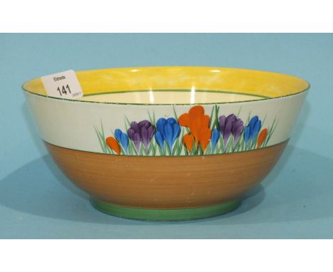 A Clarice Cliff ceramic bowl decorated in the Crocus pattern, factory mark and facsimile signature to base, 18.8cm diameter, 