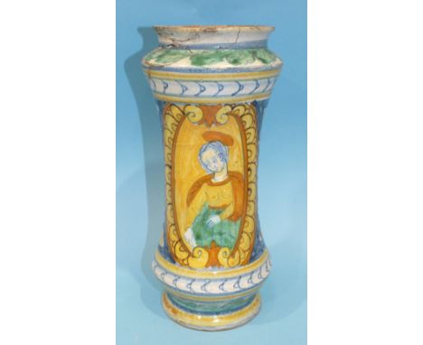 A similar 17th century Italian Albarello, 28cm high, (old damages and repairs to rim and upper body).