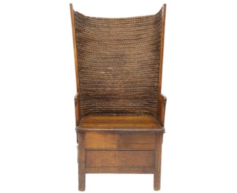 A LATE 19th CENTURY STAINED PINE FRAMED ORKNEY CHAIRWith curved rushed seat over flat seat flanked by short arms on base with