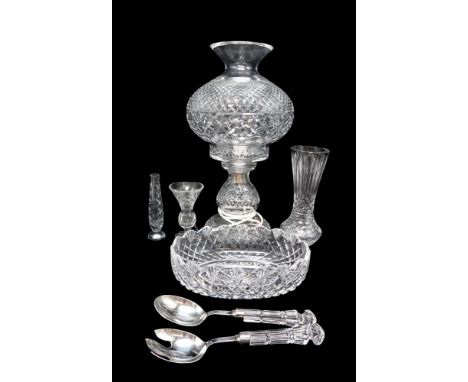A WATERFORD CRYSTAL TABLE LAMP AND SHADE 48.5cm high, an oval dish, 27.5cm long, salad servers and three assorted vases, all 
