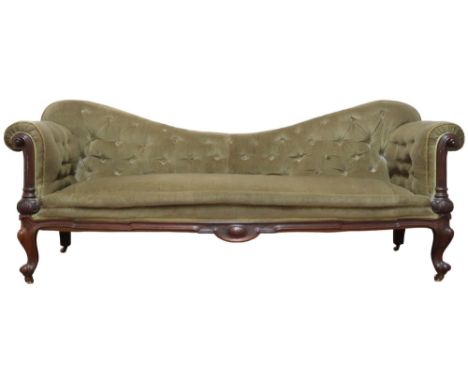 A VICTORIAN ROSEWOOD FRAMED BUTTONBACK UPHOLSTERED GOSSIP SOFA&nbsp; with scrolled arms on carved supports joined by shaped f