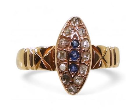 A MARQUIS CLUSTER RING mounted in 15ct gold and set with sapphires and rose cut diamonds. Finger size I, weight 2.1gms Condit