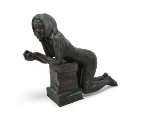 WALTER AWLSON (SCOTTISH B.1949) A nude study of a girl kneeling beside a pile of blocks, verdigris glazed ceramic, signed and