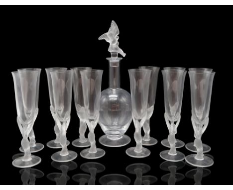 IGOR CARL FABERGE twelve crystal glass champagne flutes with frosted glass stems modelled as a pair of kissing doves, 24.5cm 