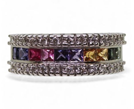 A FANCY SAPPHIRE &amp; DIAMOND RING the 9ct white gold mount, is set with square cut rainbow coloured sapphires, bordered wit