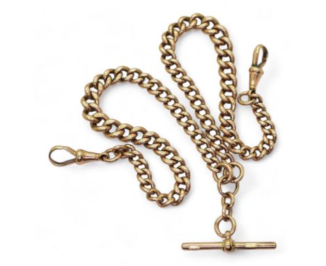 A 9CT GOLD FOB CHAIN with double tapered lengths hallmarked to every link the 'T' bar and the clasps, 44.5cm, weight 54.7gms 