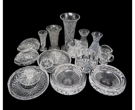 A SMALL COLLECTION OF WATERFORD GLASS including two ashtrays, two circular plates, avocado dishes, and a deep sided dish, tog