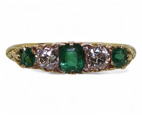 AN EMERALD & DIAMOND RING the three emeralds and two diamonds are set into a classic scroll mount, finger size P1/2, set with