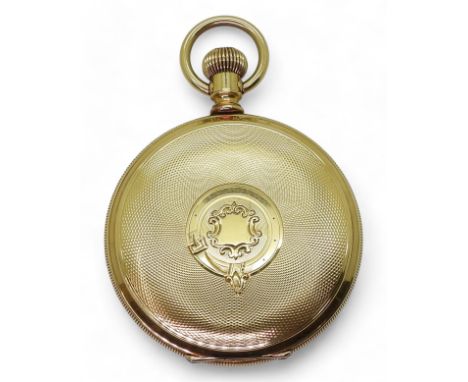 AN 18K WALTHAM POCKET WATCH with white enamel dial, black roman numerals, subsidiary seconds dial and blued steel hands. Move