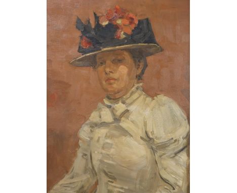 MANNER OF BESSIE MACNICOL (SCOTTISH 1869-1904) THE FLORAL BONNET Oil on canvas, 71.5 x 53.5cm (28 x 21") Provenance: Purchase