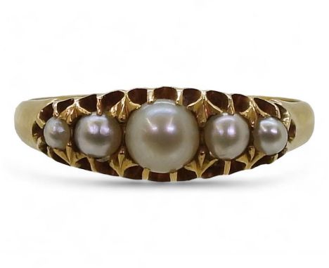 A VICTORIAN PEARL RING set with five full pearls, Chester hallmarks for 18ct (date letter lost) inscription to inner shank da