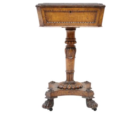 A 19TH CENTURY BURR WALNUT VENEERED TEAPOYHinged lid concealing fitted interior on turned column support terminating in quadr