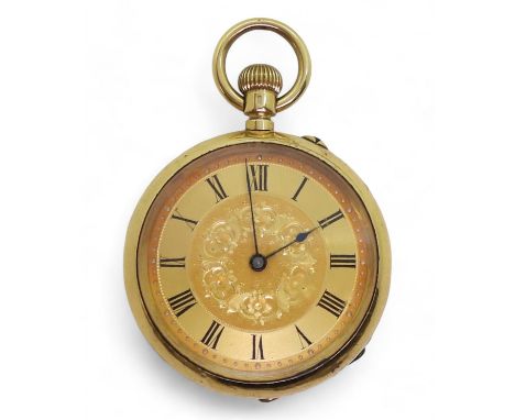 FOB WATCH &amp; CHAIN the 18k gold fob watch has a gold coloured dial with floral engraved detail, black Roman numerals, and 