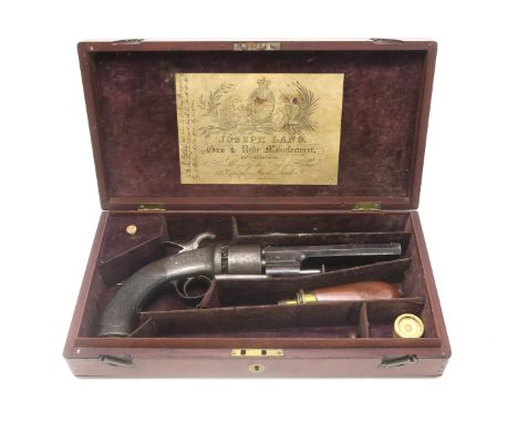 A CASED SIX-SHOT PERCUSSION TRANSITIONAL REVOLVER BY JOSEPH LANG, LONDON The approx. 15cm octagonal barrel engraved "J. Lang 