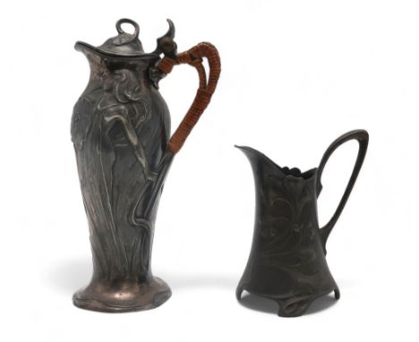 A WMF ART NOUVEAU SILVER PLATED LIDDED JUG depicting a maiden with flowers, with wicker bound handle, marked WMFB to base,&nb