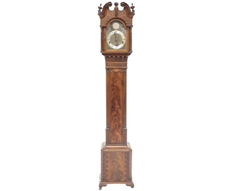 A LATE 19TH/EARLY 20TH CENTURY TEMPUS FUGIT GRANDDAUGHTER CLOCK  with arched brass ormolu mounted face with silvered dial bea