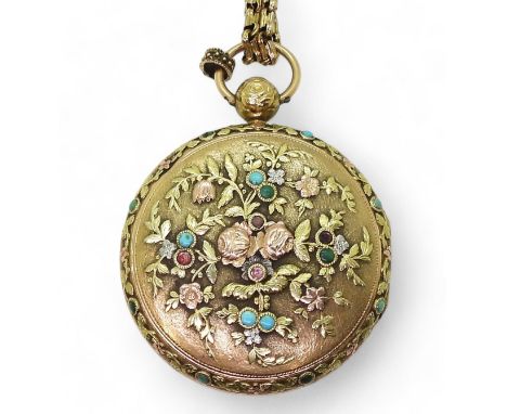 A DECORATIVE FOB WATCH the bright yellow metal case has applied yellow white and rose gold applied roses and foliage, with mi