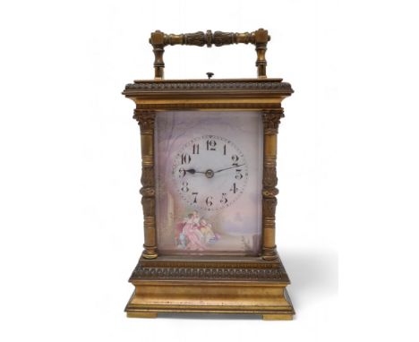 A FRENCH AIGUILLES REPEATING CARRIAGE CLOCK with porcelain dial and side panels, each painted with figures, the dial with Ara