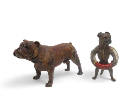 A COLD PAINTED BRONZE FIGURE OF A PUG DOG wearing a life ring, 8.5cm high together with a cold painted bronze of a dog after 