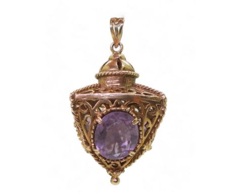 A THREE SIDED AMETHYST PENDANT the large pendant is lantern shaped each side set with a 12mm x 10mm amethyst, length 4.3cm, w