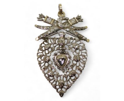 A 19TH CENTURY FLEMISH PENDANT BROOCH heart shaped, surmounted with a bow and arrows in quivers. Made in yellow and white met