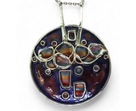 A NORMAN GRANT ABSTRACT PENDANT this large pendant is enamelled in colours to the textured design, with Edinburgh hallmarks f