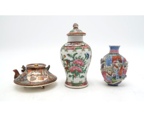 A SATSUMA MINIATURE TEAPOT&nbsp; Signed, 8cm diameter, Canton baluster vase, 11.5cm high and a relief moulded snuff bottle, 8