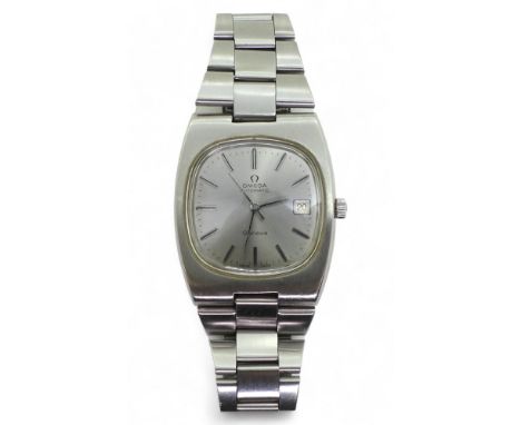 AN OMEGA AUTOMATIC GENEVE the retro design is in stainless steel with a brushed silvered dial, silver coloured baton numerals