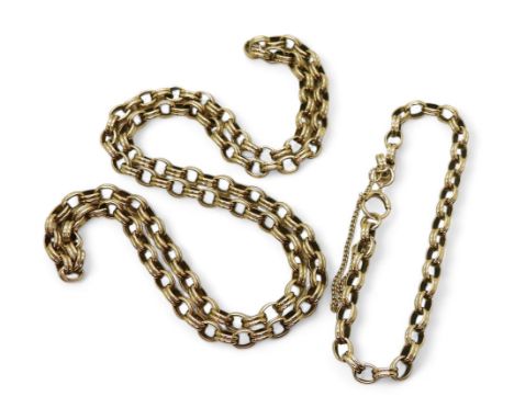 A BELCHER CHAIN SUITE made in 9ct gold the fancy double links have been made into a neck chain without clasp, length 64cm, an