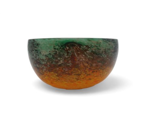 A MONART AF SHAPE BOWL in mottled orange and green with aventurine, 18cm diameter Condition Report:Nice condition, light surf