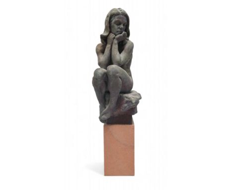 WALTER AWLSON (SCOTTISH B.1949) A nude study of a girl seated on a sandstone block, verdigris glazed ceramic, signed and numb