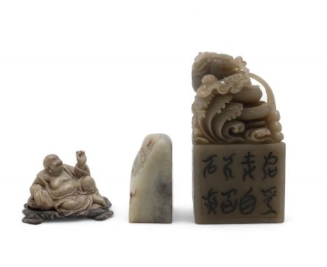 A CHINESE GREEN HARDSTONE CARVING&nbsp;&nbsp; Carved with a dragon on foaming waves, above calligraphy,20cm high, hardstone s