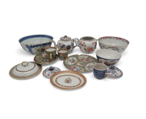 CHINESE EXPORT PORCELAIN Comprising; two teapots, three bowls, three covers, two Canton plates, three cups and an armorial te