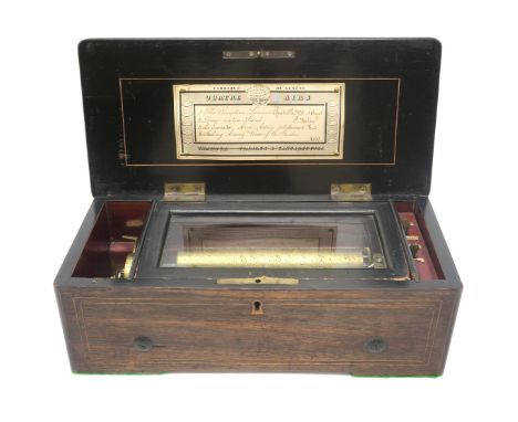 A LATE-19th CENTURY SWISS CYLINDER MUSIC BOX Of small proportions, playing four airs, with card label to interior marked "Tam