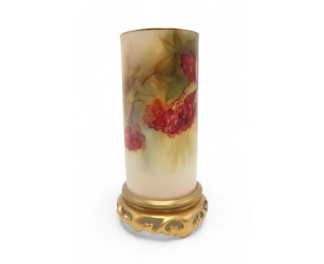 A ROYAL WORCESTER VASE of cylindrical shape, painted with berries and leaves, signed by Kitty Blake, shape number 6/161, and 