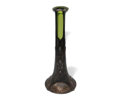 WMF ART NOUVEAU SILVER PLATED SOLIFLEUR VASE of squared form with relief inverted teardrop motifs, on circular base and with 