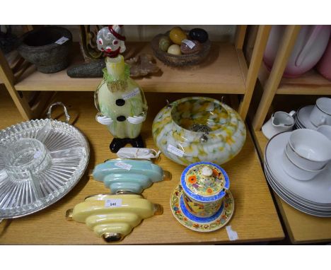 MIXED LOT: MURANO GLASS CLOWN SHAPED DECANTER, A MOTTLED GLASS LIGHT SHADE, TWO WALL POCKETS AND AN ART DECO STYLE FLORAL PRE