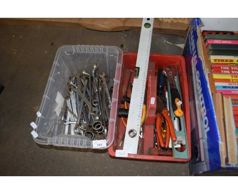 TWO BOXES OF VARIOUS TOOLS, SPANNERS, ETC
