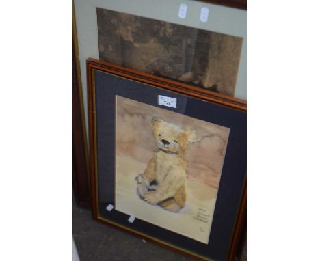 MIXED LOT: WATERCOLOUR STUDY OF A STEIFF BEAR TOGETHER WITH A FURTHER FRAMED PRINT