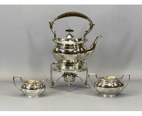 VINTAGE THREE-PIECE EPNS SPIRIT KETTLE ON STAND TEA SERVICE, 34.5cms H overall (the kettle on stand)Provenance: deceased esta