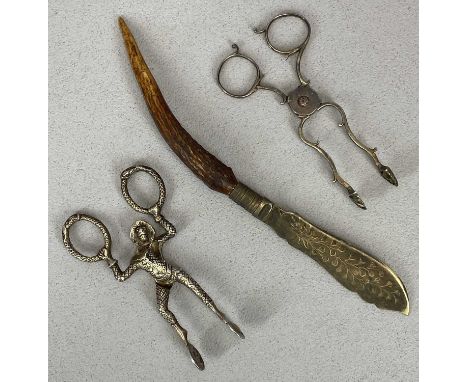 TWO PAIRS OF EARLY &amp; NOVELTY SUGAR NIPS &amp; AN EPNS HORN HANDLED KNIFE, the early pair bearing lion passant and R or BM
