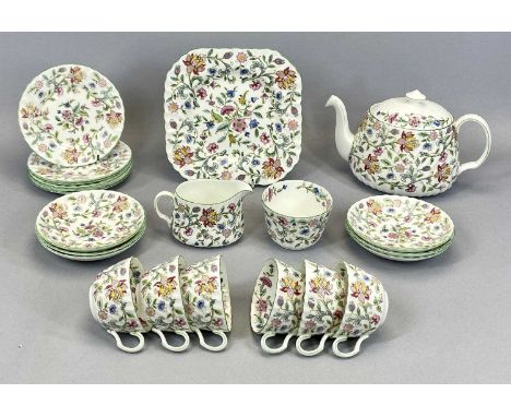 MINTON 'HADDON HALL' 21-PIECE TEASET, comprising teapot and cover, 25cms across, sandwich plate, milk jug and sugar bowl, 6 x