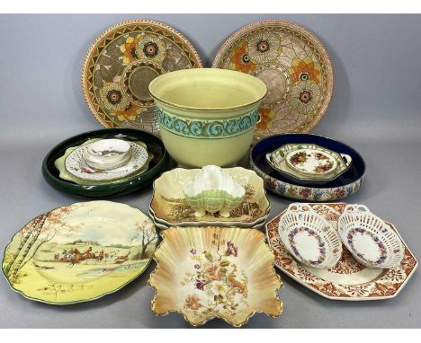 MIXED DECORATIVE POTTERY &amp; PORCELAIN to include a good pair of Charlotte Rhead wall chargers, 32cms diam., pin dishes by 