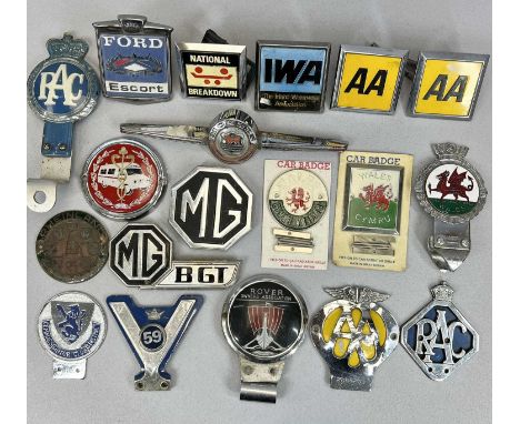 COLLECTION OF VINTAGE CHROME &amp; ENAMEL CAR BADGES, various other car badges, belt buckles, whistles and other collectables