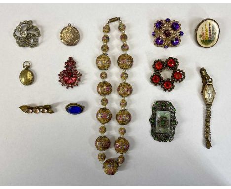 VICTORIAN &amp; LATER LADY'S JEWELLERY AND 9CT GOLD CASED WRISTWATCH, lot includes a Venetian bead necklace, 2 x gilt metal l