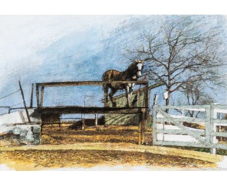 ‡ KEITH BOWEN mixed media - entitled verso, 'Amish Horse on Farmyard Deck', signed, 34 x 49cmsProvenance: private collection 